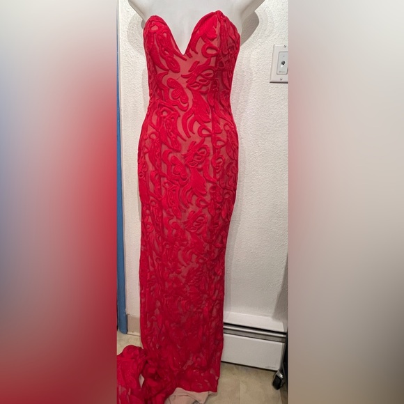 Portia and Scarlett S&N Red Strapless Embroidered Lace Evening Floor Length Gown - Picture 6 of 7